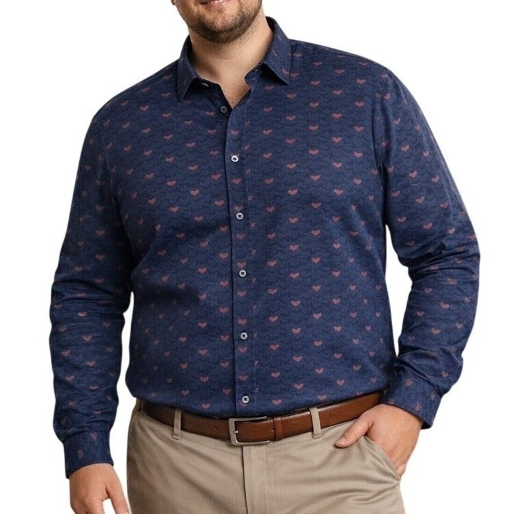 Haggar Mens XXL Navy Blue Geometric Chevron Print Cotton Button Down Shirt NEW
